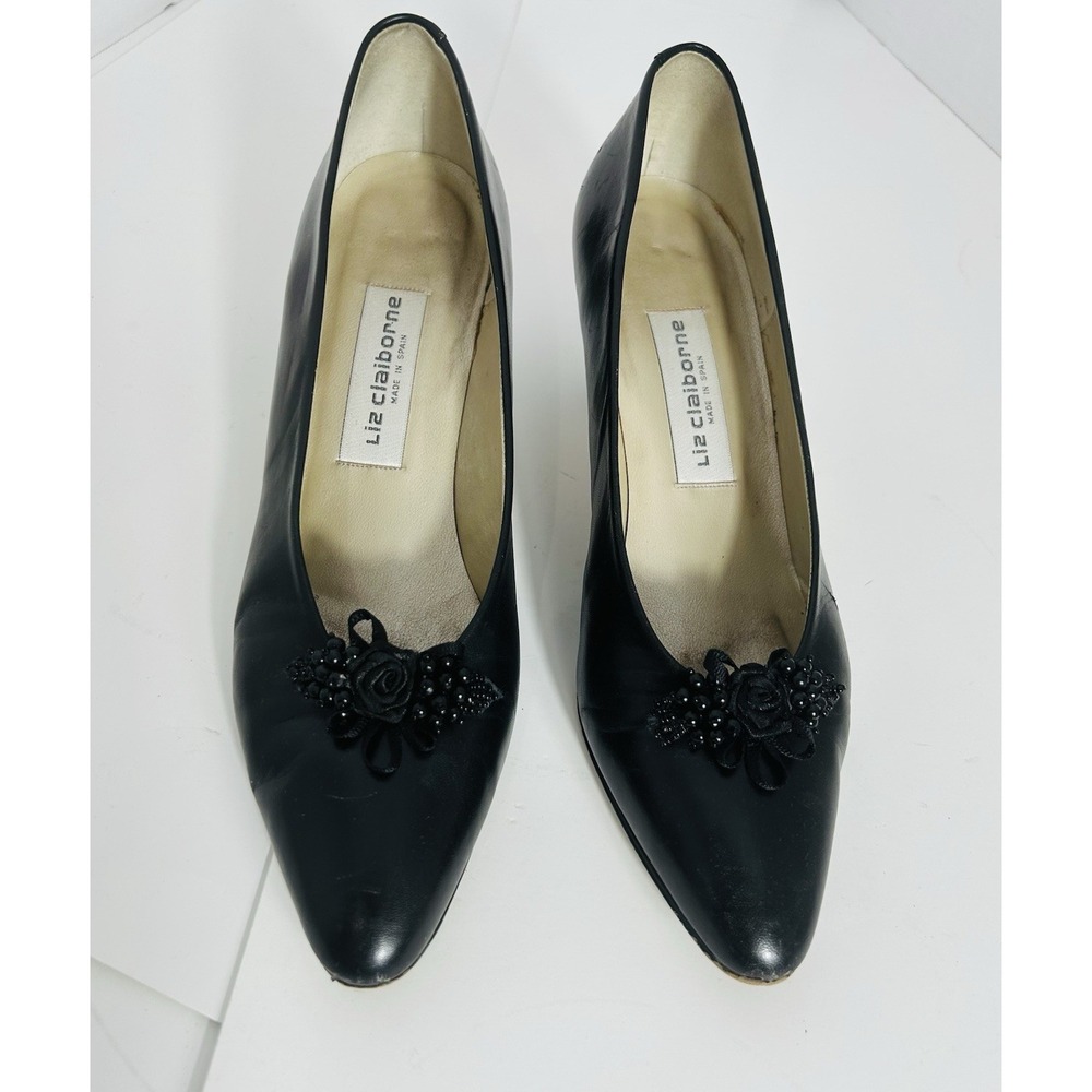 Vintage Liz Claiborne Pumps Heels 80s‎ Black Beaded Avant Garde Size 9 Narrow